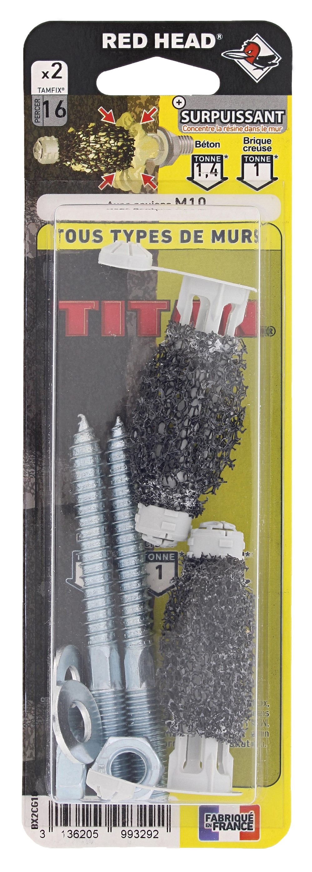 2 chevilles Tamfix + goujons M10 pour charges lourdes.